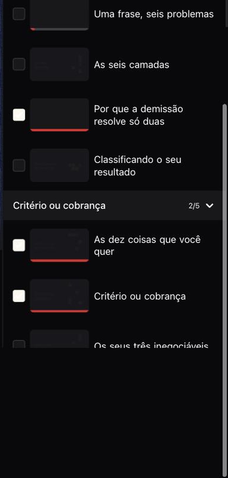 A trilha de aulas no celular